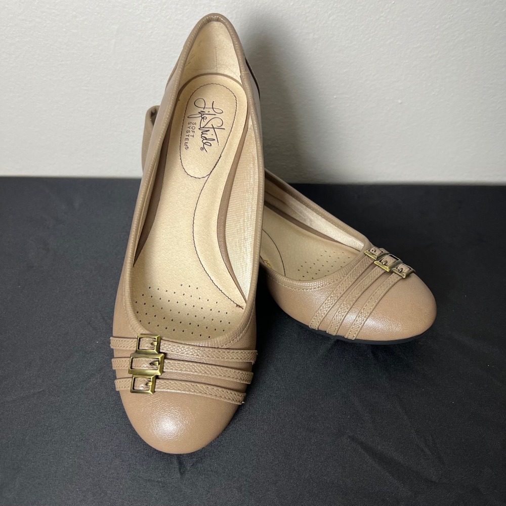 Life Stride Women's Tan Ballet Flats with Decorative Buckles